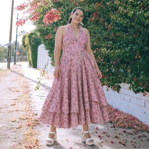 J. Crew Collection Plus Size 18 Pink Paisley Tiered Midi Dress Boho Halter Flowy